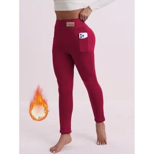 Womens Fleece Lined Thermal Leggings High Waisted Winter Warm Pockets Burgundy